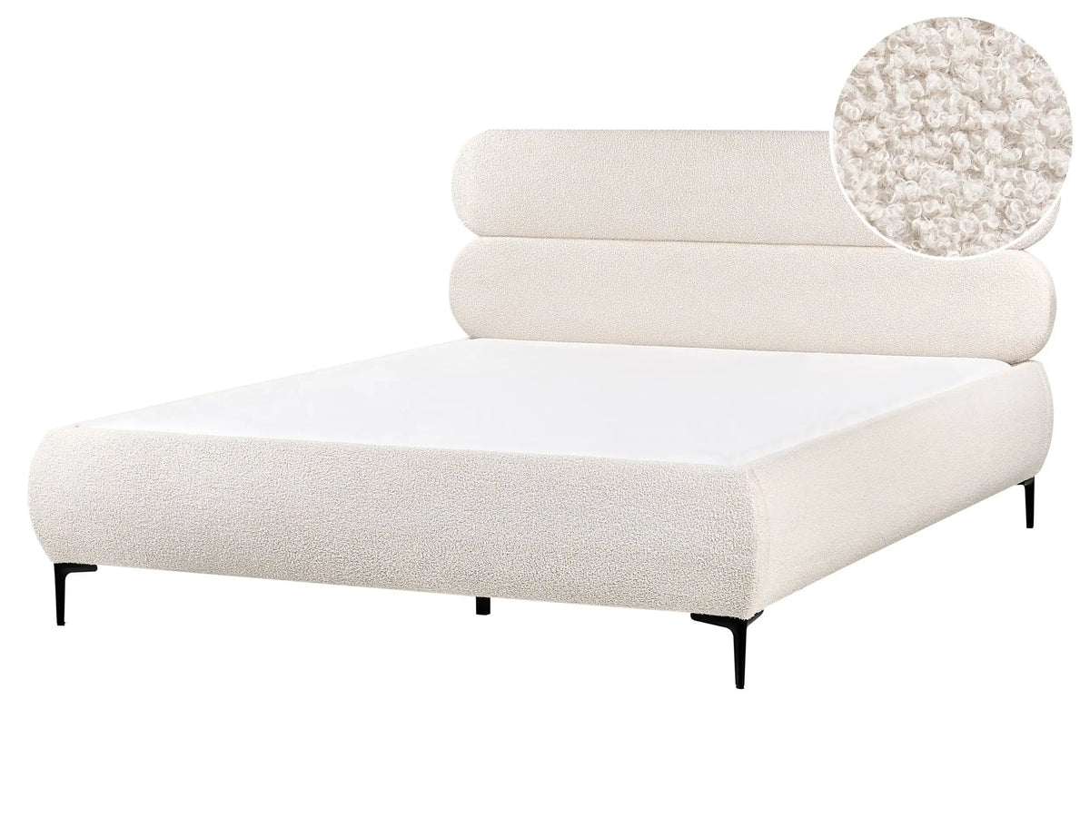Bed Frame Off-White Boucle Upholstery Black Metal Legs EU King Size 5ft3 Slatted with Wingback Headboard Bedroom Classic Minimalist Beliani