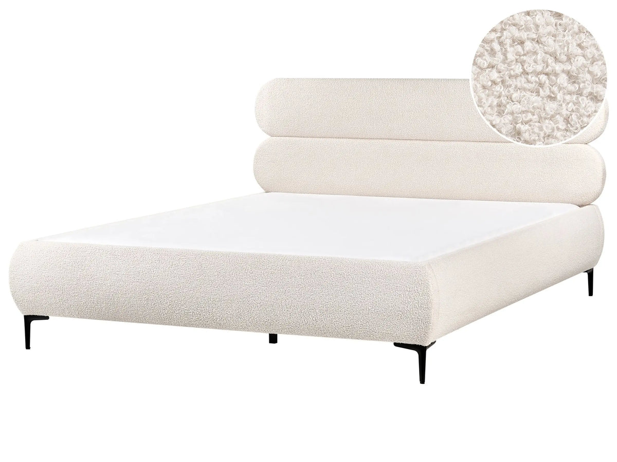 Bed Frame Off-White Boucle Upholstery Black Metal Legs EU Super King Size 6ft Slatted with Wingback Headboard Bedroom Classic Minimalist Beliani