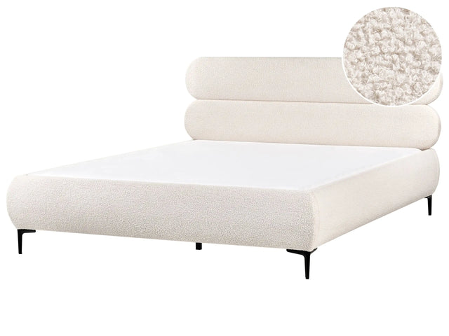 Bed Frame Off-White Boucle Upholstery Black Metal Legs EU Super King Size 6ft Slatted with Wingback Headboard Bedroom Classic Minimalist Beliani