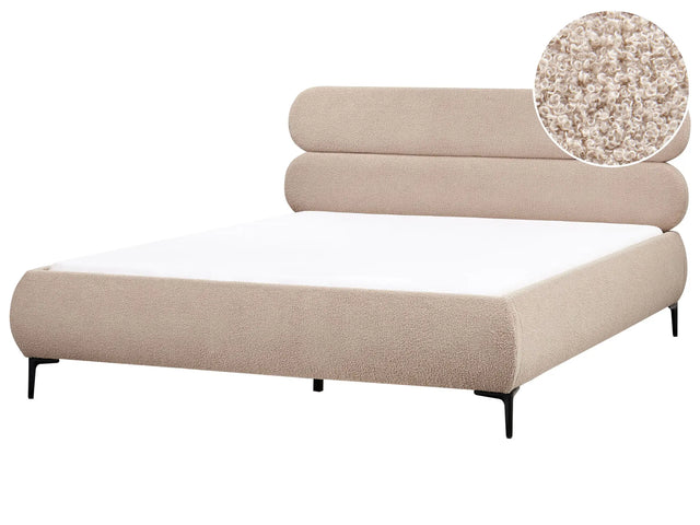Bed Frame Taupe Boucle Upholstery Black Metal Legs EU Super King Size 6ft Slatted with Wingback Headboard Bedroom Classic Minimalist Beliani