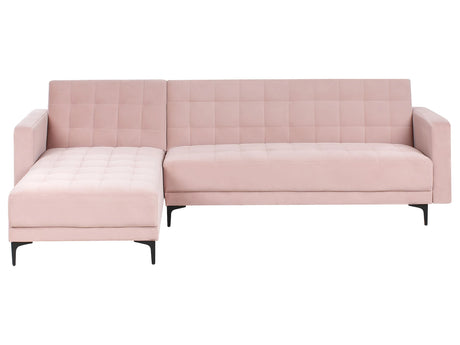 Right Hand Corner Sofa Bed Pastel Pink Velvet Tufted Fabric Modern L-Shaped Modular 4 Seater L Chaise Longue Beliani