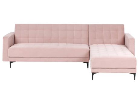 Left Hand Corner Sofa Bed Pastel Pink Velvet Tufted Fabric Modern L-Shaped Modular 4 Seater L Chaise Longue Beliani