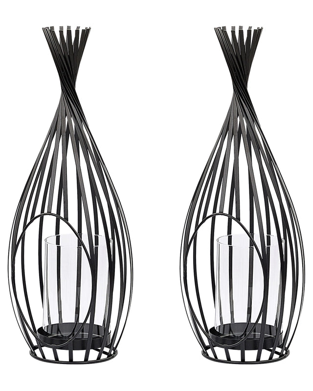 Set of 2 Lanterns Black Metal 38 cm Openwork Candle Holder with Glass Insert Garden and Indoor Industrial Beliani