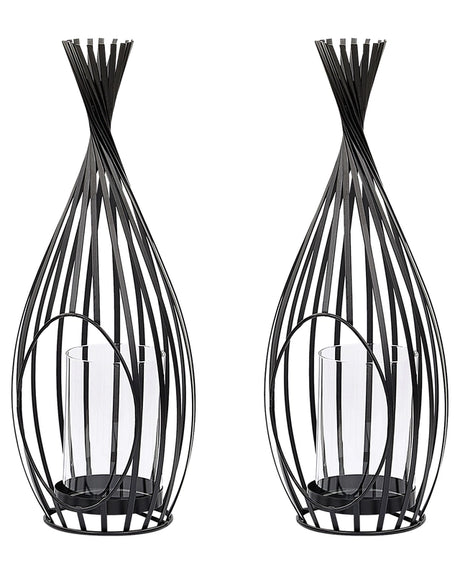 Set of 2 Lanterns Black Metal 38 cm Openwork Candle Holder with Glass Insert Garden and Indoor Industrial Beliani