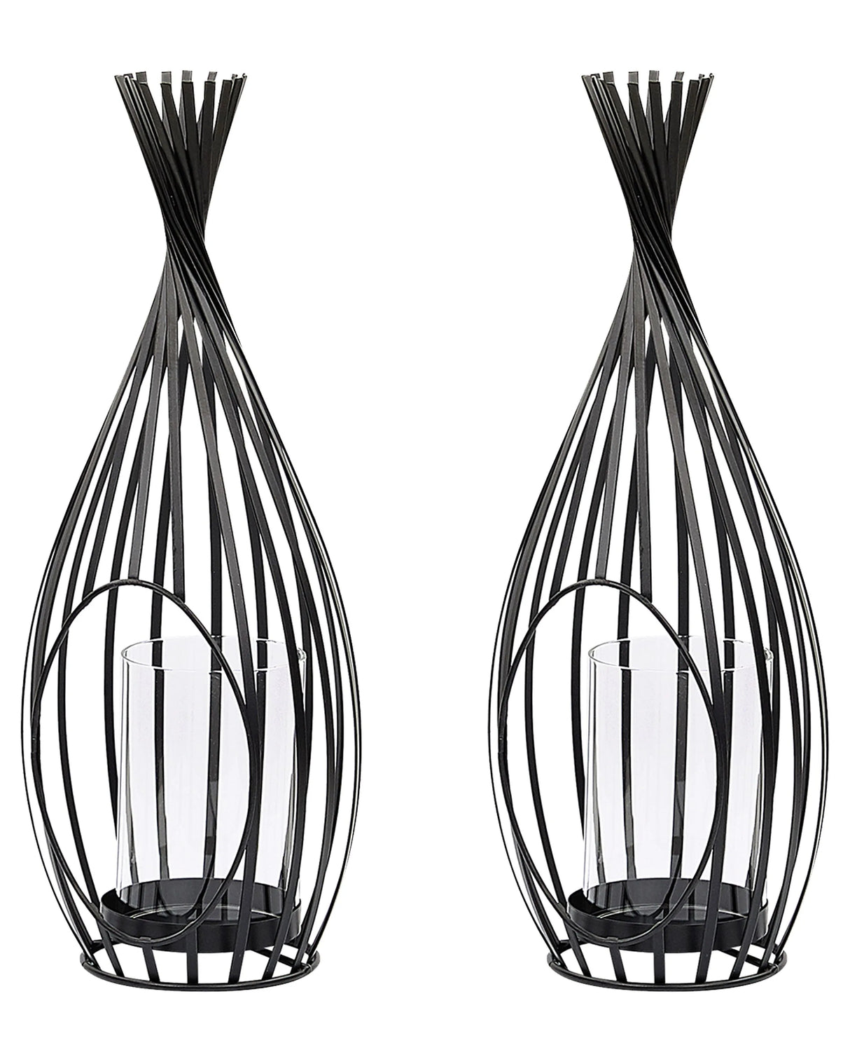 Set of 2 Lanterns Black Metal 38 cm Openwork Candle Holder with Glass Insert Garden and Indoor Industrial Beliani