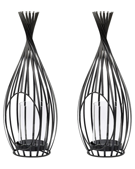 Set of 2 Lanterns Black Metal 38 cm Openwork Candle Holder with Glass Insert Garden and Indoor Industrial Beliani