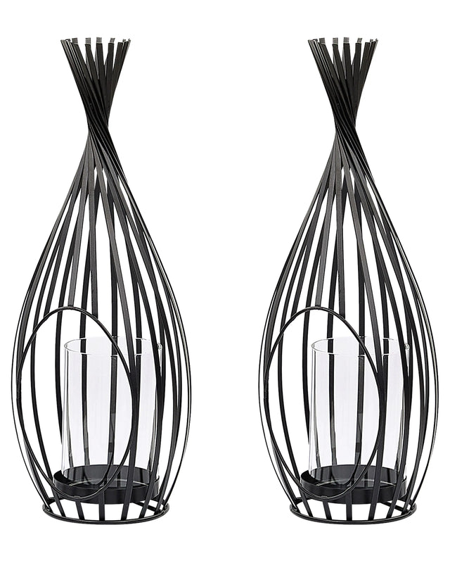 Set of 2 Lanterns Black Metal 38 cm Openwork Candle Holder with Glass Insert Garden and Indoor Industrial Beliani
