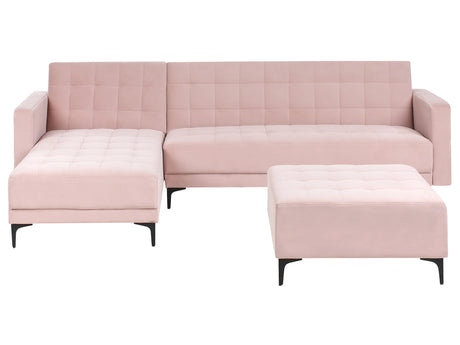 Right Hand Corner Sofa Bed Pastel Pink Velvet Tufted Fabric Modern L-Shaped Modular 4 Seater with Ottoman Chaise Longue Beliani