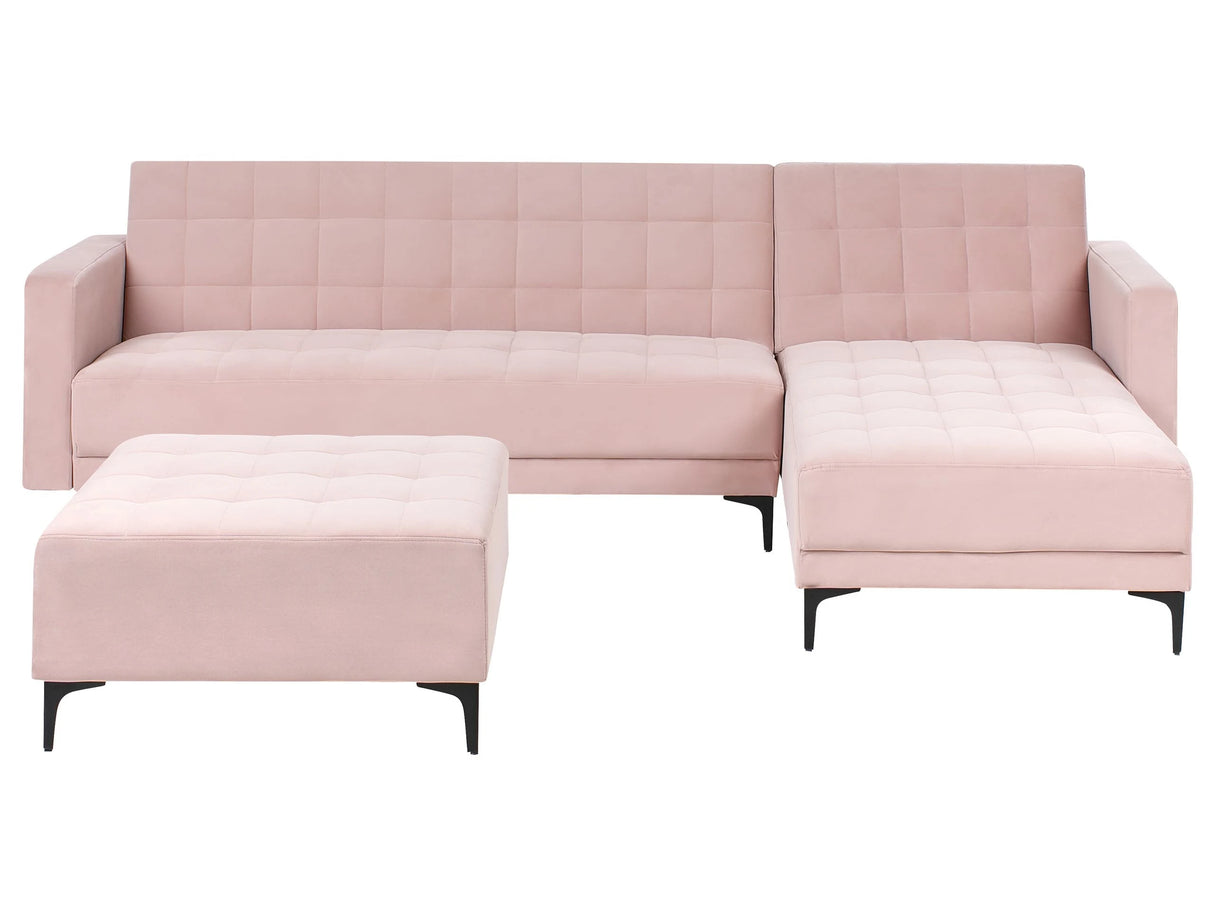 Left Hand Corner Sofa Bed Pastel Pink Velvet Tufted Fabric Modern L-Shaped Modular 4 Seater with Ottoman Chaise Longue Beliani