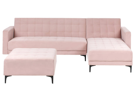 Left Hand Corner Sofa Bed Pastel Pink Velvet Tufted Fabric Modern L-Shaped Modular 4 Seater with Ottoman Chaise Longue Beliani