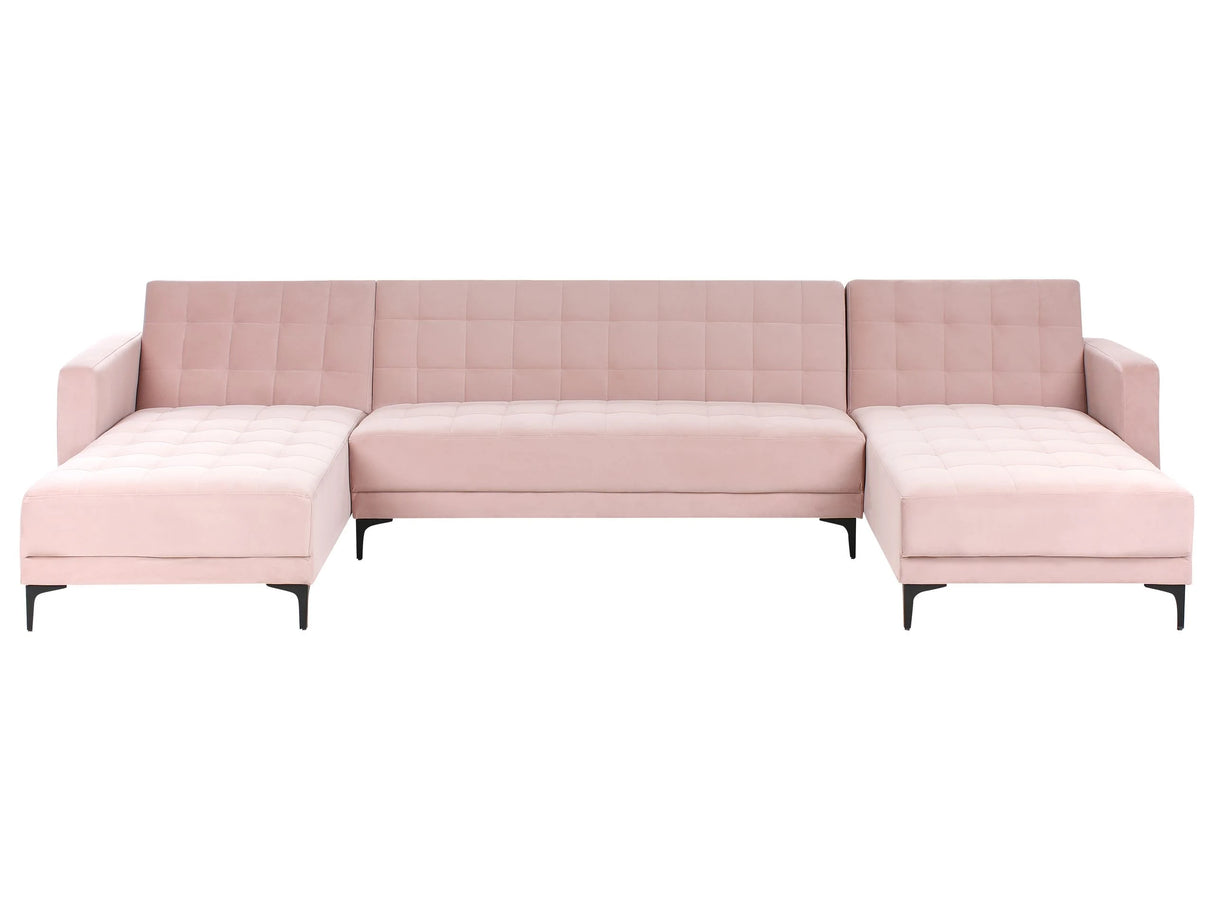 Corner Sofa Bed Pastel Pink Velvet Tufted Fabric Modern U-Shaped Modular 5 Seater with Chaise Lounges Beliani