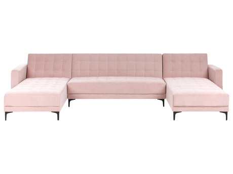 Corner Sofa Bed Pastel Pink Velvet Tufted Fabric Modern U-Shaped Modular 5 Seater with Chaise Lounges Beliani