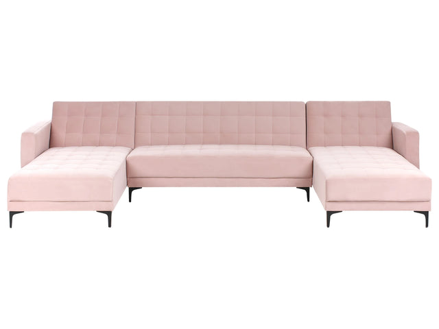 Corner Sofa Bed Pastel Pink Velvet Tufted Fabric Modern U-Shaped Modular 5 Seater with Chaise Lounges Beliani