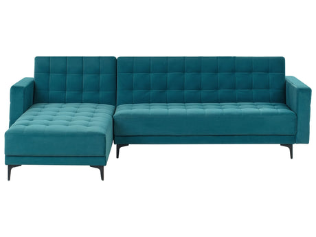 Right Hand Corner Sofa Bed Sea Blue Velvet Tufted Fabric Modern L-Shaped Modular 4 Seater L Chaise Longue Beliani