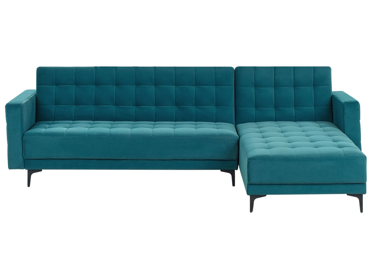 Left Hand Corner Sofa Bed Sea Blue Velvet Tufted Fabric Modern L-Shaped Modular 4 Seater L Chaise Longue Beliani