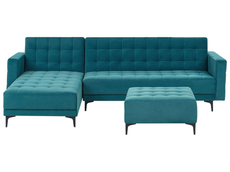 Right Hand Corner Sofa Bed Sea Blue Velvet Tufted Fabric Modern L-Shaped Modular 4 Seater with Ottoman Chaise Longue Beliani
