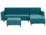 Left Hand Corner Sofa Bed Sea Blue Velvet Tufted Fabric Modern L-Shaped Modular 4 Seater with Ottoman Chaise Longue Beliani