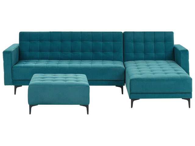 Left Hand Corner Sofa Bed Sea Blue Velvet Tufted Fabric Modern L-Shaped Modular 4 Seater with Ottoman Chaise Longue Beliani