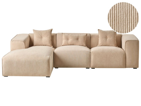 Right Hand Corner Sofa Beige Corduroy Upholstery 3 Seater Extra Scatter Cushions Modern Living Room Beliani