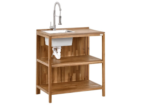 Outdoor Kitchen Island with Sink and Faucet Brown and Silver Acacia Wood Stainless Steel 2 Shelves Unit with Top 50 x 80 x 90 cm Garden Kitchen Dining Beliani
