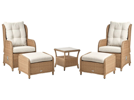 Outdoor Lounge Set for 2 Brown  Faux Rattan Aluminium Frame Polyester Cushions Tempered Glass Table with Shelf Reclining Traditional Beliani