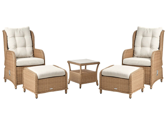 Outdoor Lounge Set for 2 Brown  Faux Rattan Aluminium Frame Polyester Cushions Tempered Glass Table with Shelf Reclining Traditional Beliani