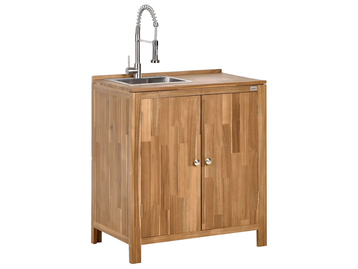 Outdoor Kitchen Cabinet with Sink and Faucet Brown and Silver Acacia Wood Stainless Steel 2 Shelves Unit with Top 50 x 80 x 90 cm Garden Kitchen Dining Beliani