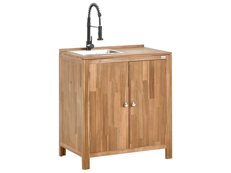 Outdoor Kitchen Cabinet with Sink and Faucet Brown and Black Acacia Wood Stainless Steel 2 Shelves Unit with Top 50 x 80 x 90 cm Garden Kitchen Dining Beliani