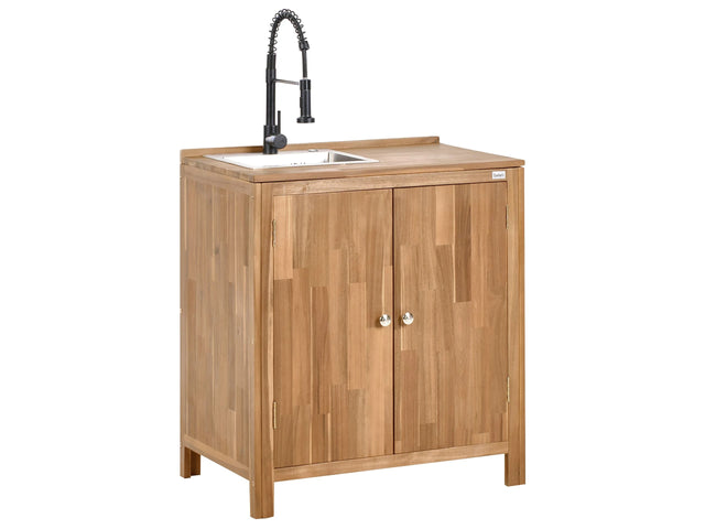 Outdoor Kitchen Cabinet with Sink and Faucet Brown and Black Acacia Wood Stainless Steel 2 Shelves Unit with Top 50 x 80 x 90 cm Garden Kitchen Dining Beliani