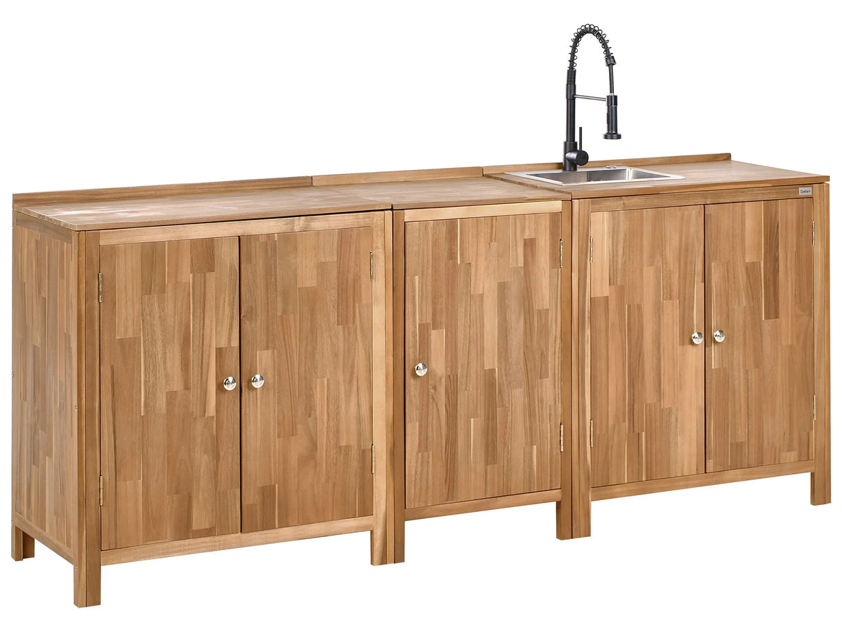 Outdoor Kitchen Cabinets Set with Sink and Faucet Brown and Black Acacia Wood Stainless Steel Shelves Unit with Top Garden Kitchen Dining Beliani