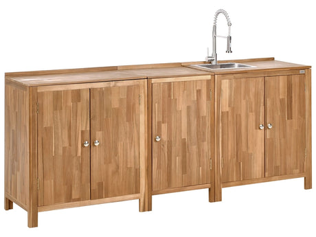 Outdoor Kitchen Cabinets Set with Sink and Faucet Brown and Silver Acacia Wood Stainless Steel Shelves Unit with Top Garden Kitchen Dining Beliani