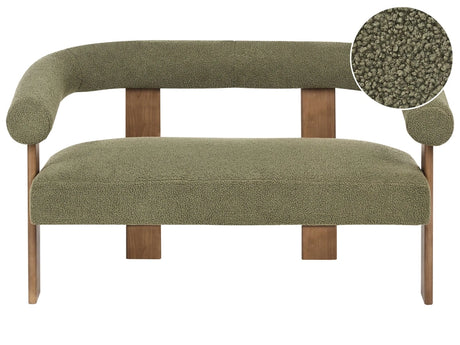 2 Seater Sofa Green and Dark Brown Boucle Upholstery Retro Design Wooden Legs Living Room Beliani