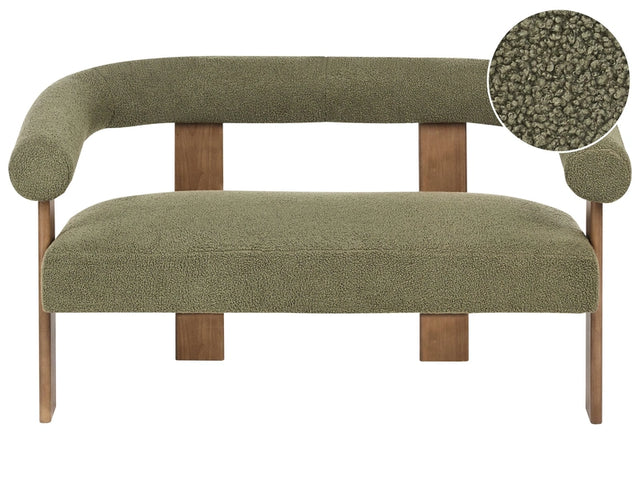 2 Seater Sofa Green and Dark Brown Boucle Upholstery Retro Design Wooden Legs Living Room Beliani