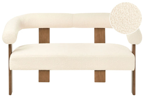 2 Seater Sofa Off-White and Dark Brown Boucle Upholstery Retro Design Wooden Legs Living Room Beliani
