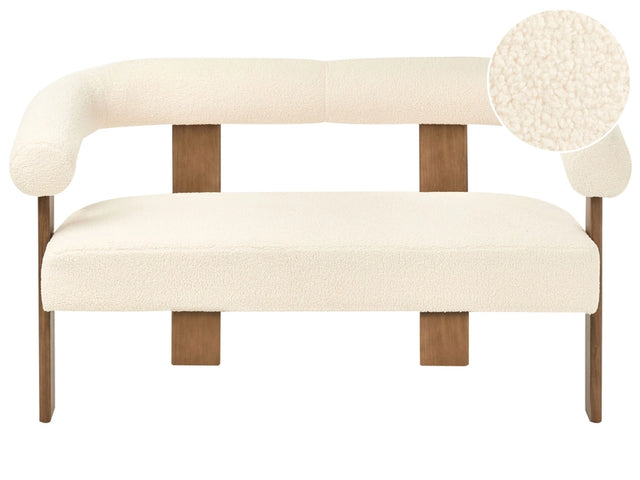 2 Seater Sofa Off-White and Dark Brown Boucle Upholstery Retro Design Wooden Legs Living Room Beliani