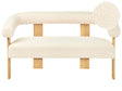 2 Seater Sofa Off-White and Light Brown Boucle Upholstery Retro Design Wooden Legs Living Room Beliani