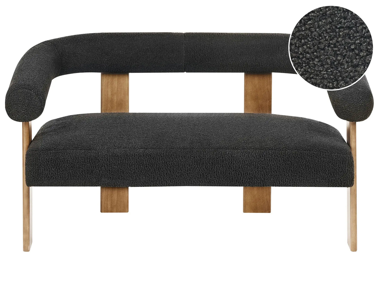 2 Seater Sofa Black and Dark Brown Boucle Upholstery Retro Design Wooden Legs Living Room Beliani