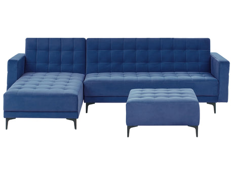 Right Hand Corner Sofa Bed Blue Velvet Tufted Fabric Modern L-Shaped Modular 4 Seater with Ottoman Chaise Longue Beliani