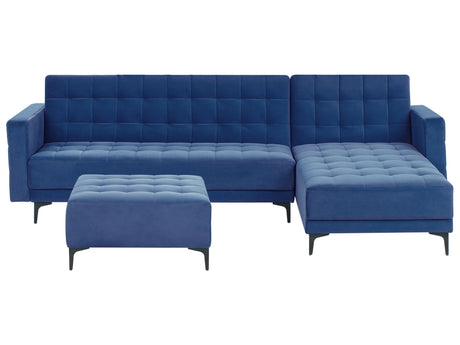 Left Hand Corner Sofa Bed Blue Velvet Tufted Fabric Modern L-Shaped Modular 4 Seater with Ottoman Chaise Longue Beliani