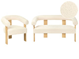 Sofa Set Off-White and Light Brown 2 Seater Armchair Boucle Upholstery Retro Design Wooden Legs Living Room Beliani