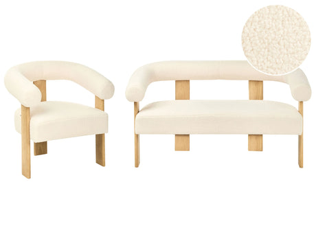 Sofa Set Off-White and Light Brown 2 Seater Armchair Boucle Upholstery Retro Design Wooden Legs Living Room Beliani