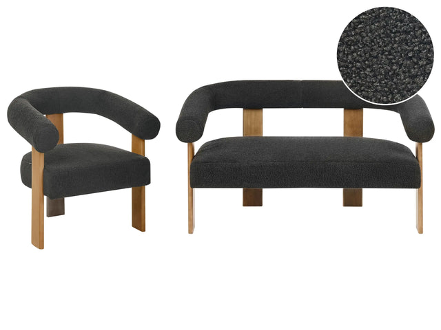 Sofa Set Black and Dark Brown 2 Seater Armchair Boucle Upholstery Retro Design Wooden Legs Living Room Beliani