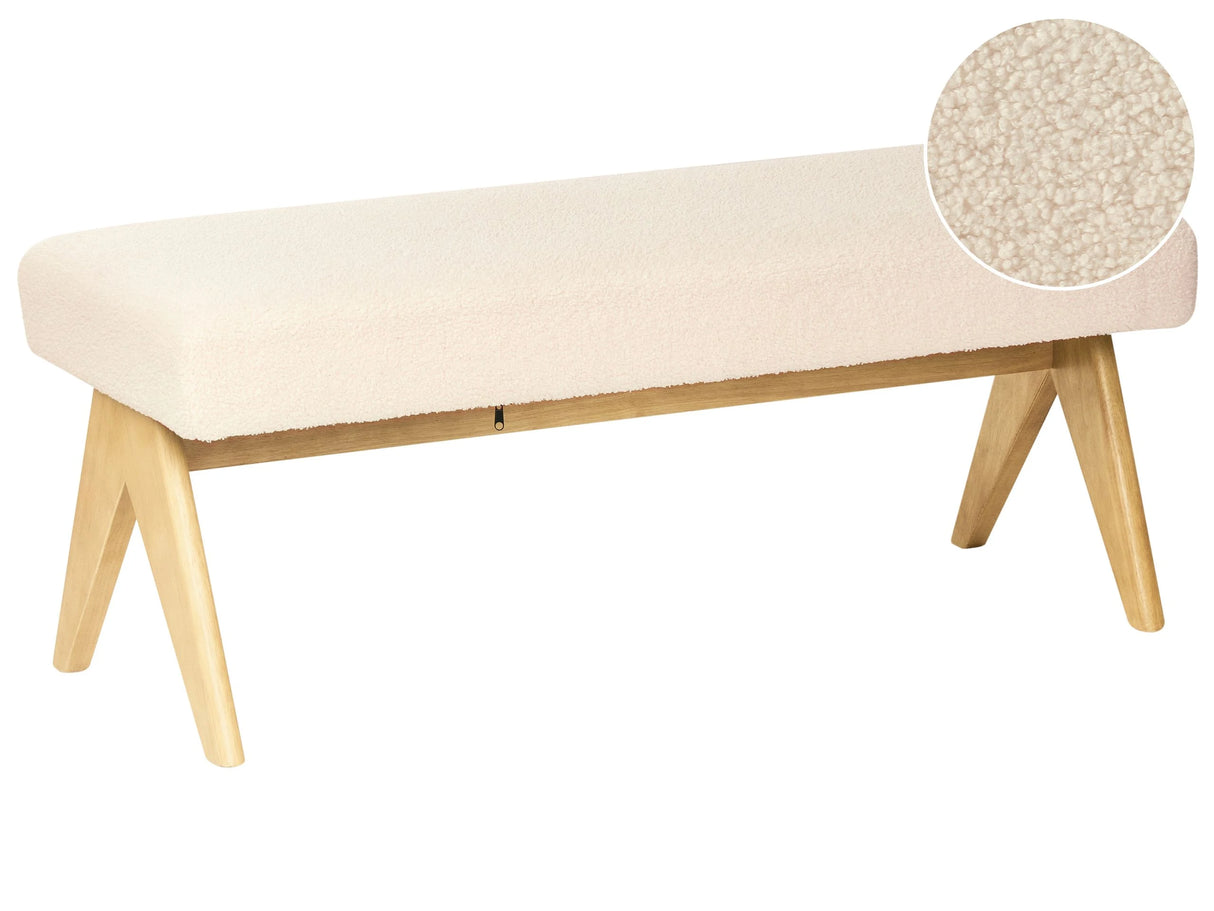 Boucle Bench Off-White and Light Brown Upholstered Wooden Legs Hallway Seat Bed Bench Beliani