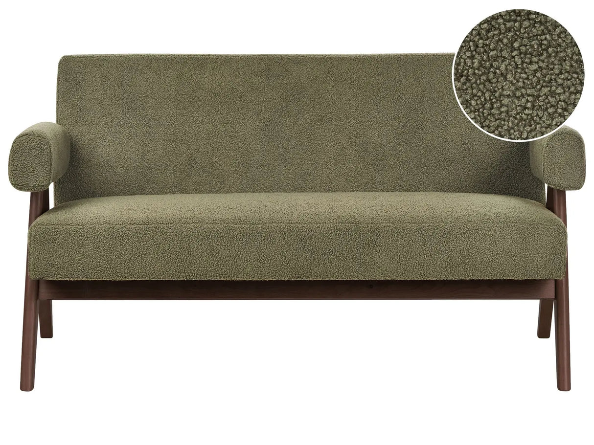 2 Seater Sofa Green and Dark Brown Boucle Upholstery Retro Design Wooden Legs Living Room Beliani