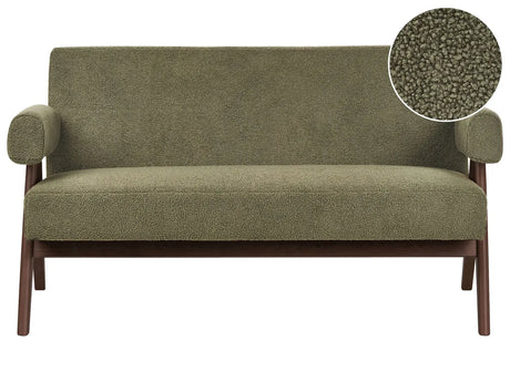2 Seater Sofa Green and Dark Brown Boucle Upholstery Retro Design Wooden Legs Living Room Beliani