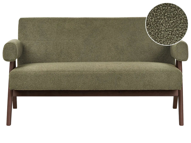 2 Seater Sofa Green and Dark Brown Boucle Upholstery Retro Design Wooden Legs Living Room Beliani
