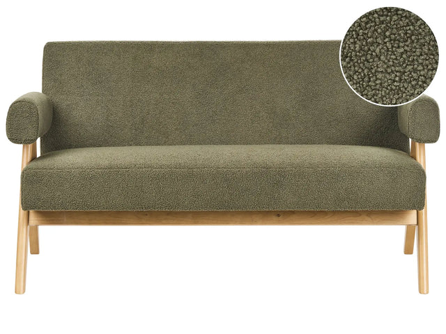 2 Seater Sofa Green and Light Brown Boucle Upholstery Retro Design Wooden Legs Living Room Beliani