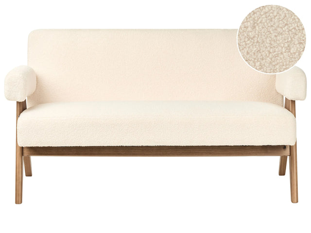 2 Seater Sofa Off-White and Dark Brown Boucle Upholstery Retro Design Wooden Legs Living Room Beliani