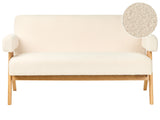 2 Seater Sofa Off-White and Light Brown Boucle Upholstery Retro Design Wooden Legs Living Room Beliani