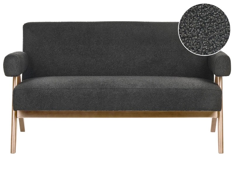 2 Seater Sofa Black and Dark Brown Boucle Upholstery Retro Design Wooden Legs Living Room Beliani